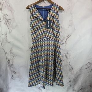 ModCloth Dress Women Large Orange Blue Gingham Fit Flare Pin Up 50s Looking Back